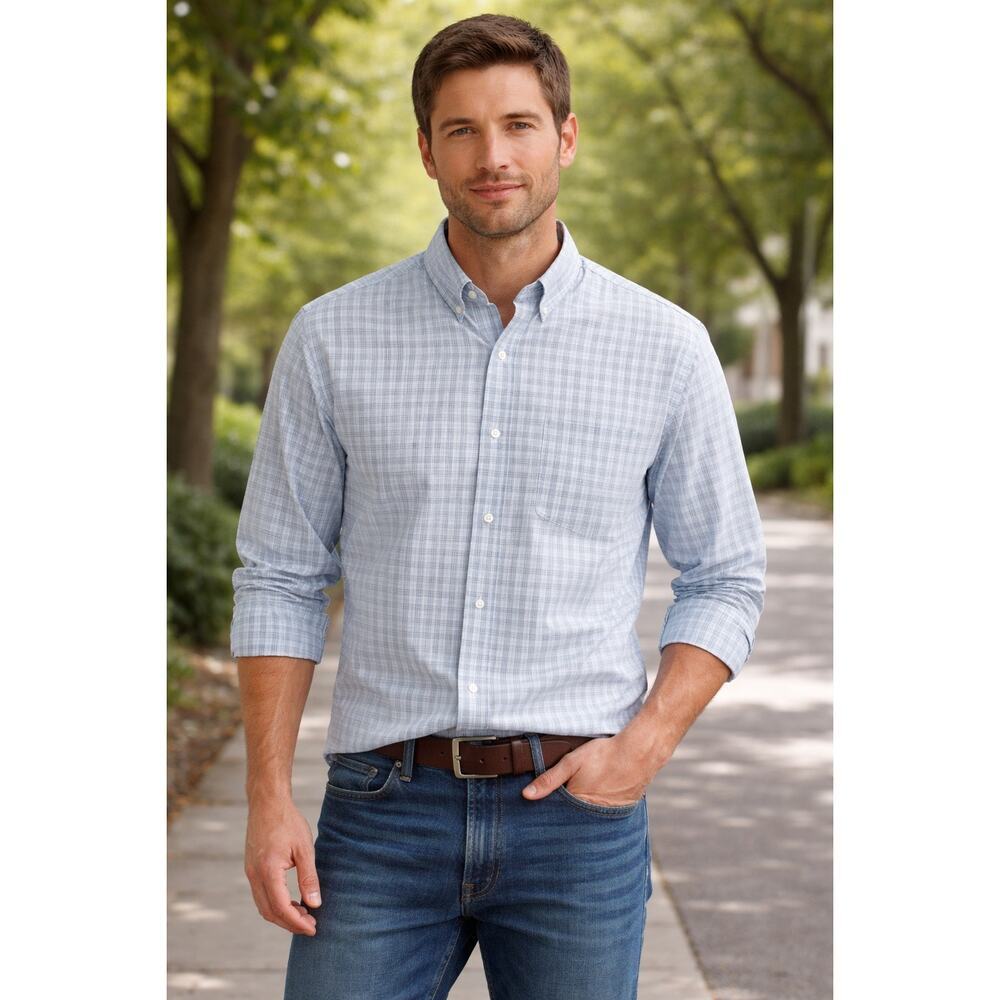 FLAWED 100% Cotton Plaid Light Blue Button Down Hawker Rye Dress Shirt Preppy
